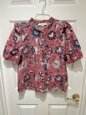 EUC LOFT Pink Floral Button-Front Ruffle Blouse Size Small